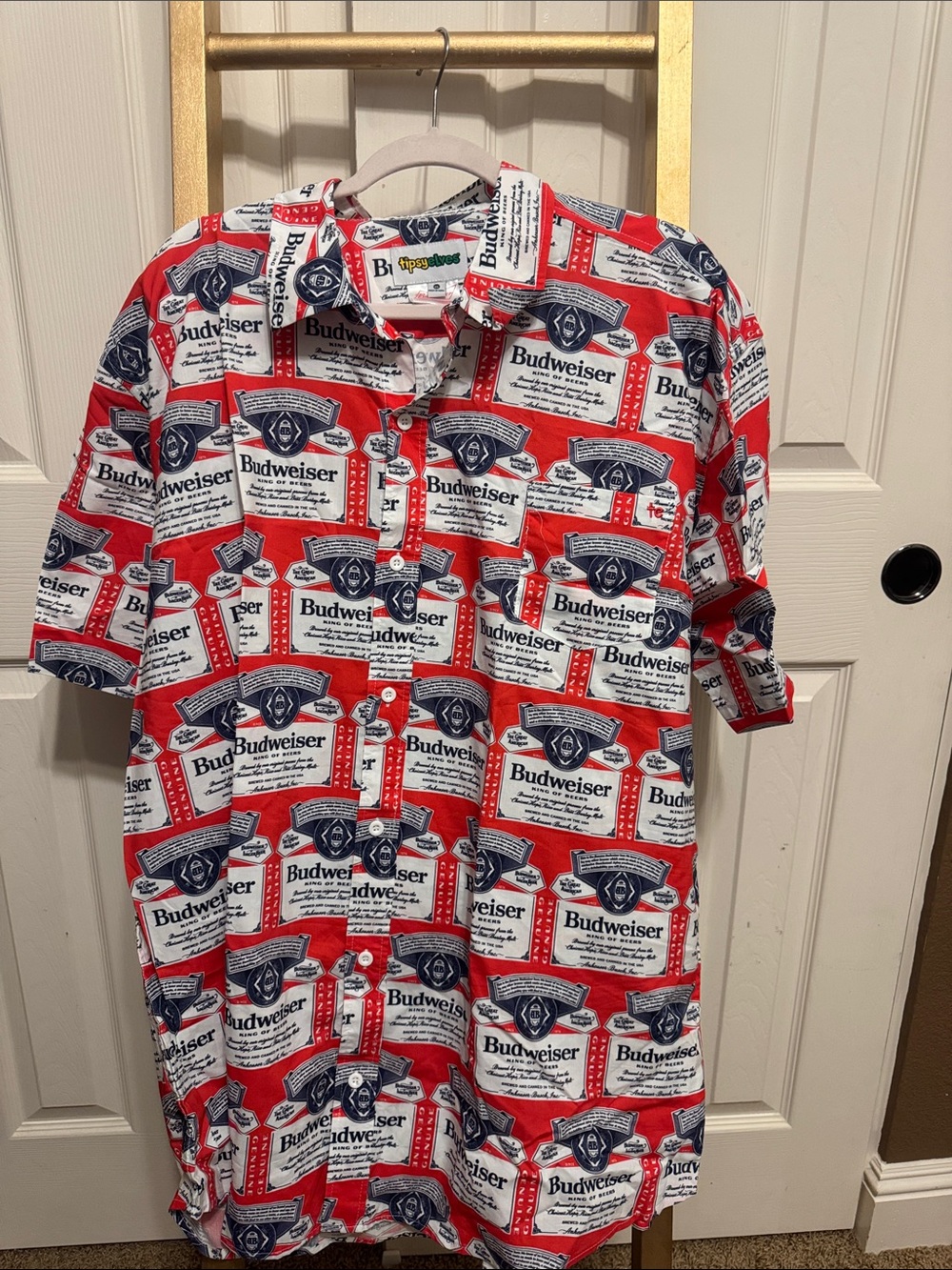 Budweiser Red White and Navy Logo Print Button-Down Shirt